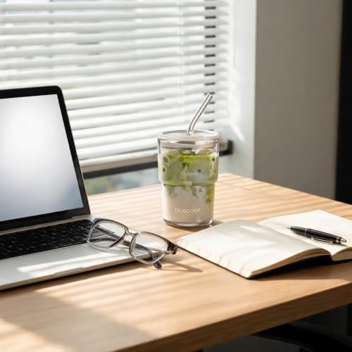 13oz Glass Iced Coffee Tumbler with Lid and Straw, Leak-Proof Travel Cup