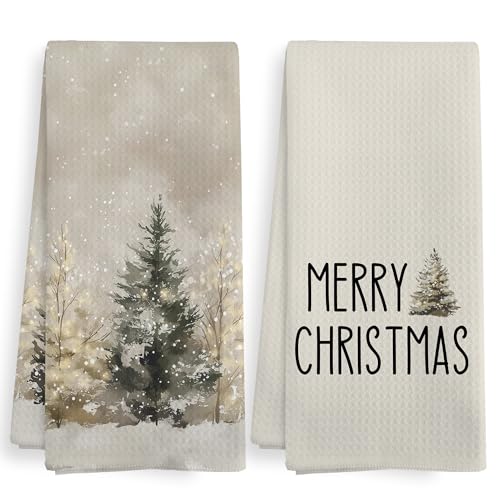 Snow Tree Kitchen Towels Set of 2 16x24 in - Rustic Beige Christmas Dish Hand Towels