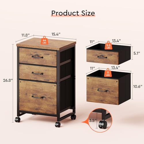 3-Drawer Mobile File Cabinet with Open Storage Shelf, Rustic Brown