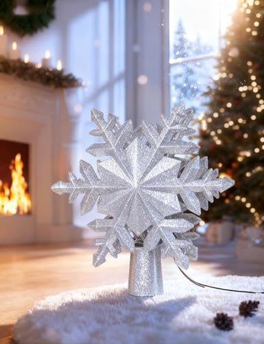 Silver Christmas Tree Topper with Built-in Rotating Snowflake LED Projector