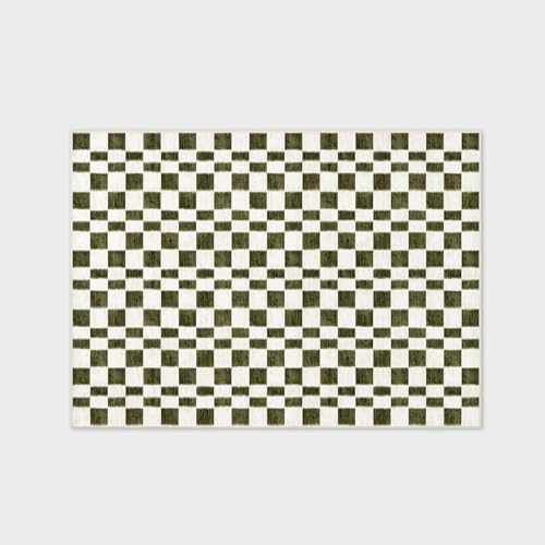 EverGrace 5' x 7' Olive Green Checkered Area Rug - Soft Faux Wool, Washable