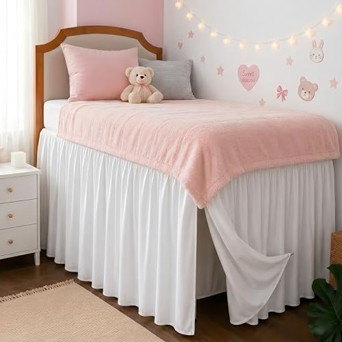 White Twin XL Dorm Bed Skirt - 32 Inch Drop with Split Corners