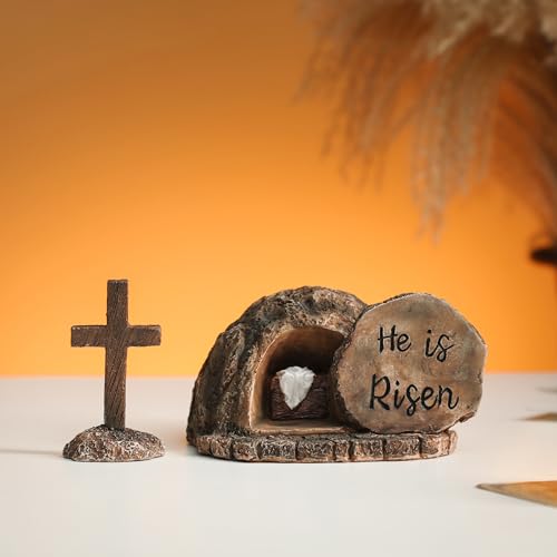 Resin Empty Tomb and Cross Easter Nativity Set - He Is Risen Tabletop Decor