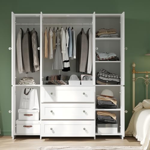 71-Inch Wardrobe Closet with Mirror and Drawers, 6-Door Bedroom Armoire