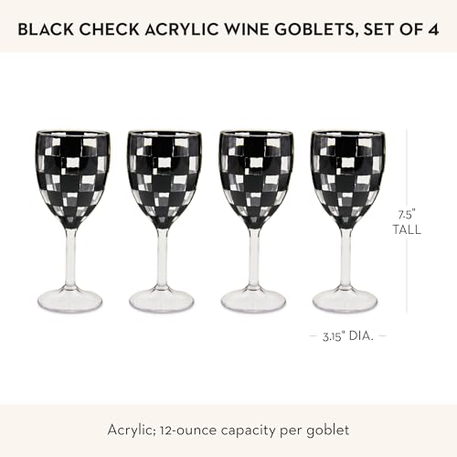 Checkered Acrylic Wine Goblets, 12-Ounce Stemmed Glasses, Set of 4