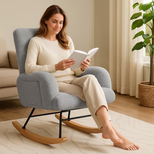 Teddy Fabric Nursery Rocking Chair with Side Pockets and High Backrest