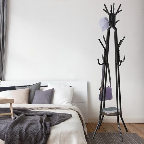 Industrial Standing Coat Rack with 20 Hooks and Storage Shelf, Rustic Brown