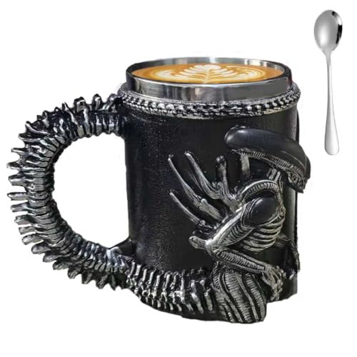 Black Alien Xenomorph Mug with Spoon, 14 oz Sci-Fi Coffee Cup Gift for Fans