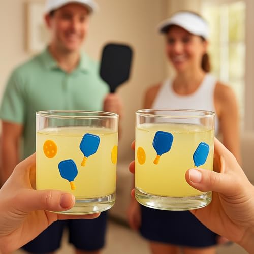 Pickleball Icon Stemless Glass Tumblers - 14.8oz Set of 2 Cocktail Glasses
