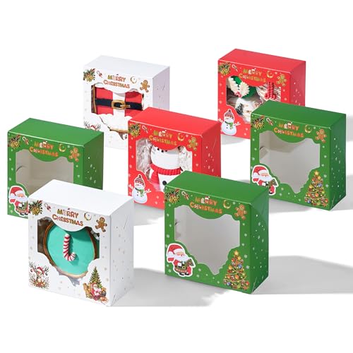 48PCS Christmas Cookie Boxes with Windows, 4x4x2 Inches - Holiday Gift Packaging
