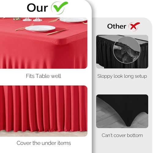 Wish Care 8ft 2-Pack Red Spandex Tablecloths – Fitted Wrinkle-Free Table Covers for 8 Foot Rectangle Tables, Ruffled Edge, Party & Wedding