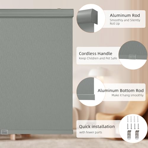 Cordless Blackout Roller Shades, 35" W x 72" H, Thermal Insulated Grey Striped Fabric