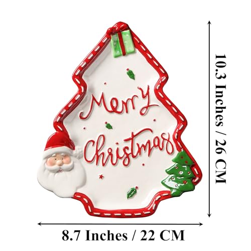 Christmas Ceramic Snack Platters Set with Santa & Tree Design, 10.3 Inch Food Serving Dishes