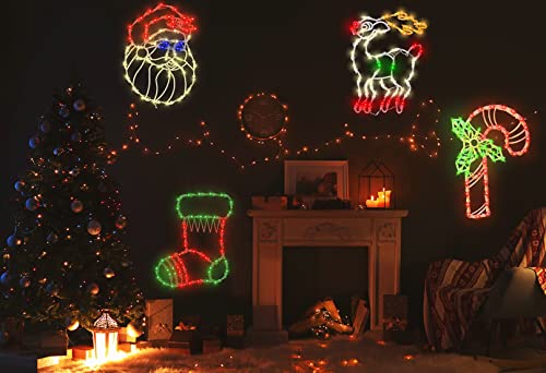 Yioneshop Style2 4-Pack 16-Inch Christmas Window Silhouette LED Lights with Candy Cane Santa Reindeer & Stocking, Indoor Holiday Decor