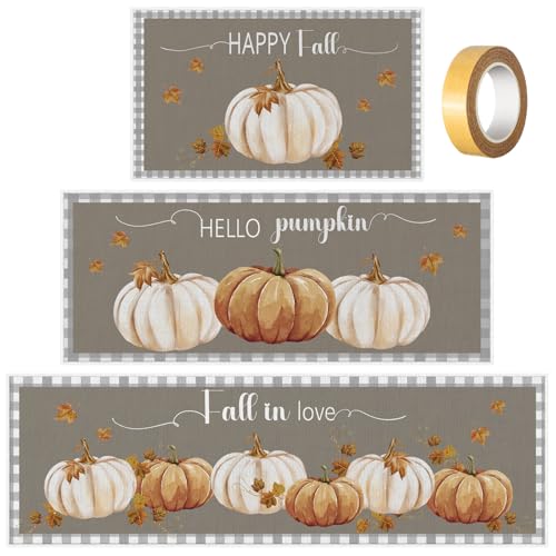 3-Piece Fall Pumpkin Kitchen Rug Set, Non-Slip Autumn Harvest Floor Mats