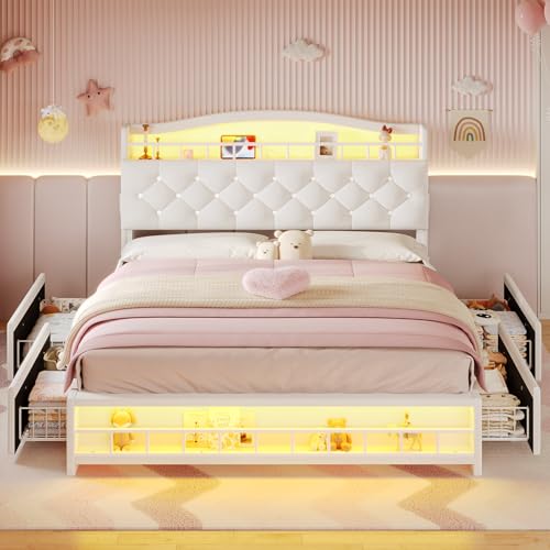 Full Size Bed Frame with Storage Drawers, LED Lights and Charging Station