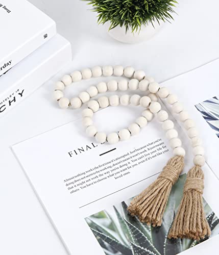 39-Inch Natural Wood Bead Garland with Jute Tassels, Boho Farmhouse Decor