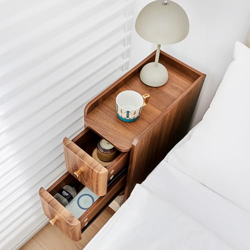 Narrow Wooden Nightstand with 2 Drawers, Slim Bedside Table for Bedroom