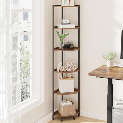 6-Tier Corner Bookshelf, Industrial Metal and Wood Display Stand