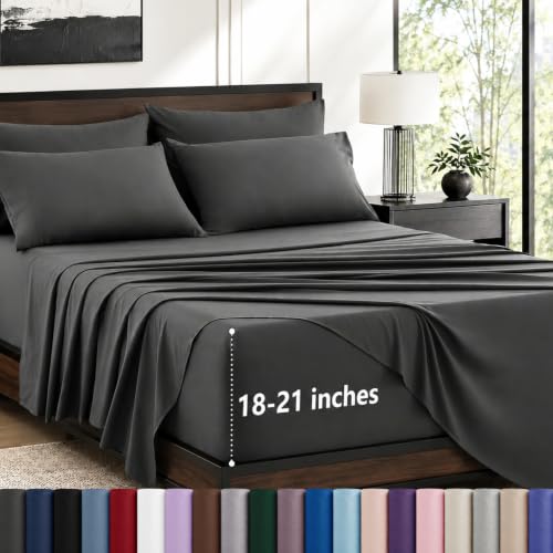6-Piece King Size Sheet Set for 21-Inch Deep Pocket Mattresses, Dark Grey