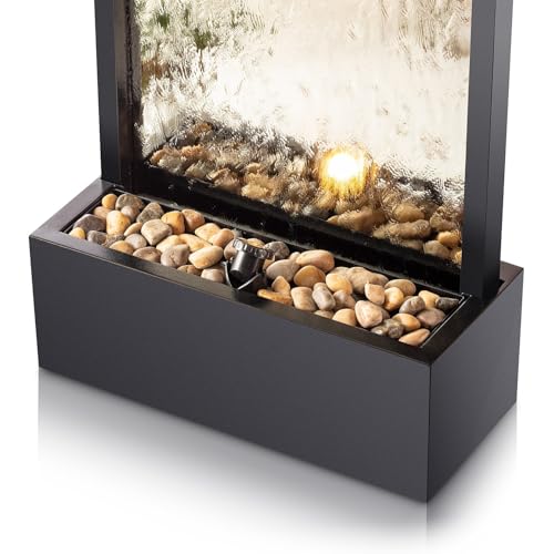 72-Inch Mirror Waterfall Floor Fountain with LED Lights & River Stones