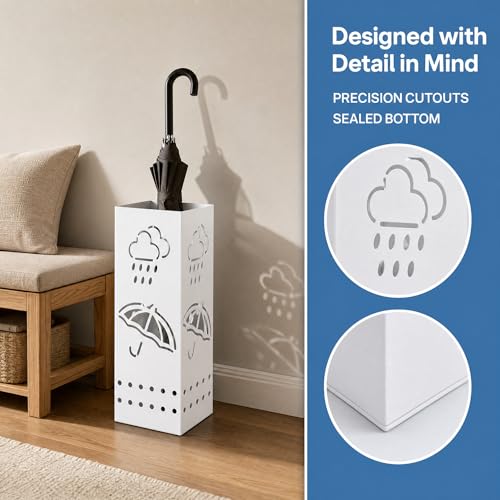 Square Metal Umbrella Stand for Entryway - 17-Inch White Umbrella Holder Bin