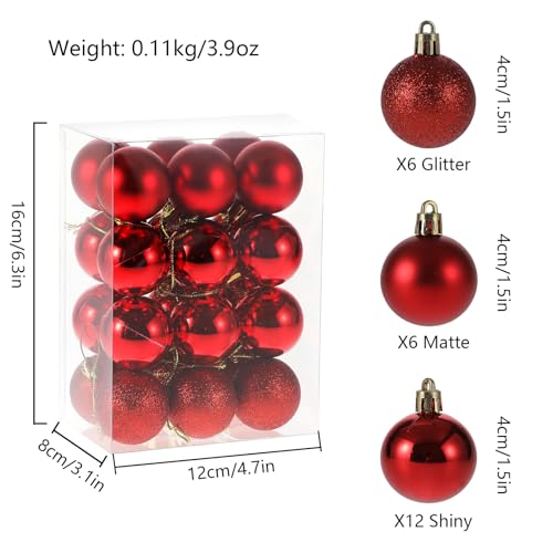 Shatterproof Red Christmas Tree Ornaments - 1.5" Pre-Strung Baubles (24 Pack)
