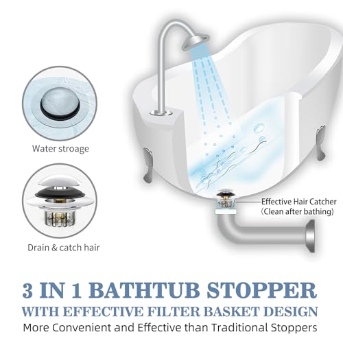 Universal 3-in-1 Bathtub Drain Stopper and Hair Catcher Filter
