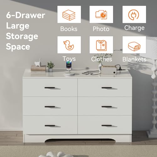 6-Drawer Wooden Dresser with Charging Station, USB & Type-C Outlets