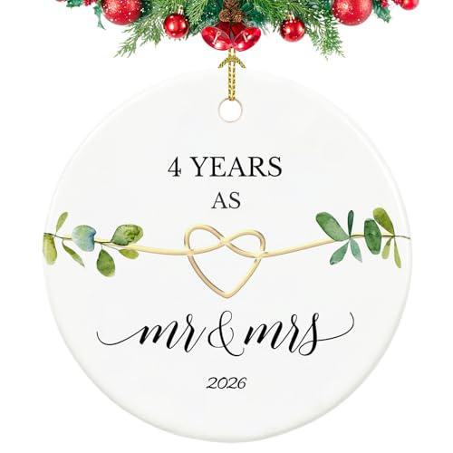 4th Anniversary Ornament - 2.9" White Ceramic Hanging Ornament for 4 Year Anniversary