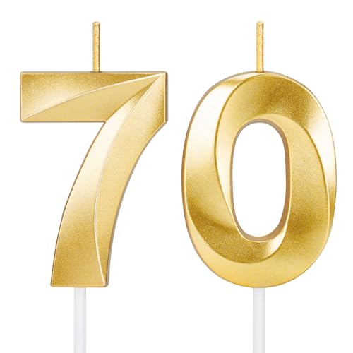 Gold Number 70 Birthday Candles - Cake Topper for 70th Parties