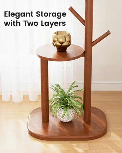 Solid Wood Freestanding Coat Rack with 8 Hooks & Storage Shelves, Brown