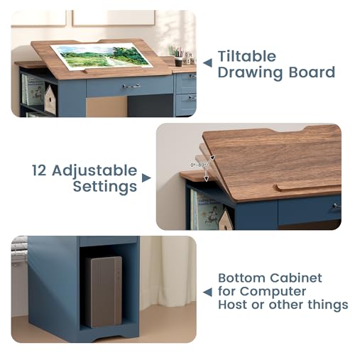 Adjustable Drafting Table with Storage Drawers and Shelves - Blue Art Desk