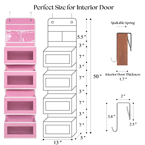 Pink Over Door Organizer with 4 Large Clear Pockets Hanging Storage