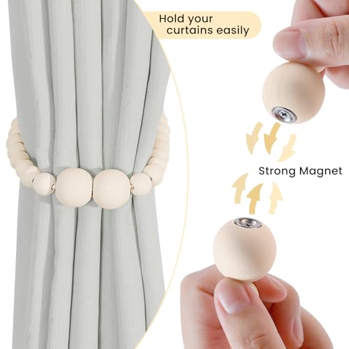 Magnetic Wood Bead Curtain Tiebacks - 2 Pack No-Drill Drape Holders