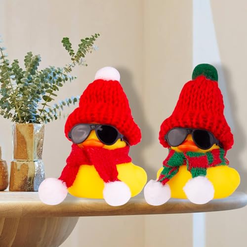 MuMyer Christmas Rubber Duck Car Ornament with Beanie, Sunglasses & Scarf - Black Sunglasses, Red & Red-White Hat, 2 Inches - Holiday Dashboard Decor