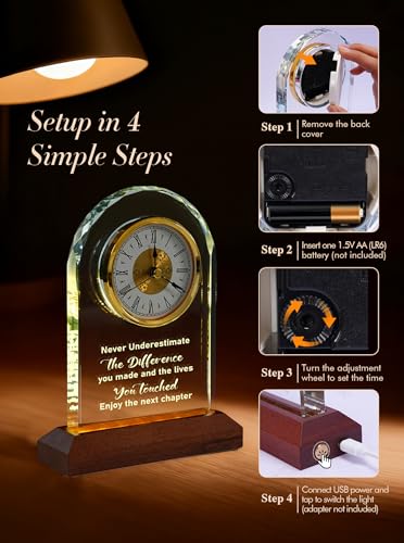Engraved Glass Retirement Desk Clock with 3-Color LED Wooden Base