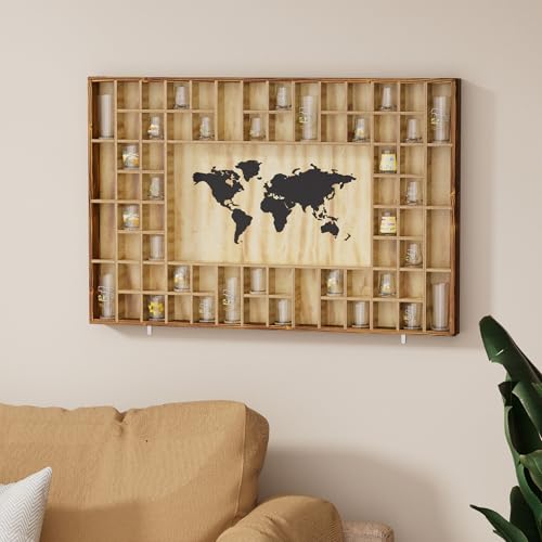 Rustic World Map Shot Glass Display Case - 68-Capacity Wood Wall Shelf