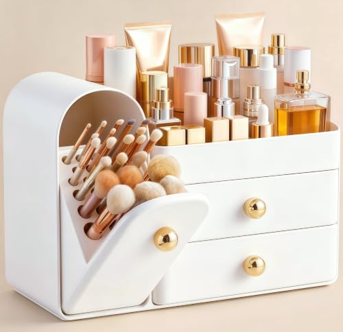 HBlife All White Large Makeup Organizer with Drawers & Brush Holder - Vanity Storage