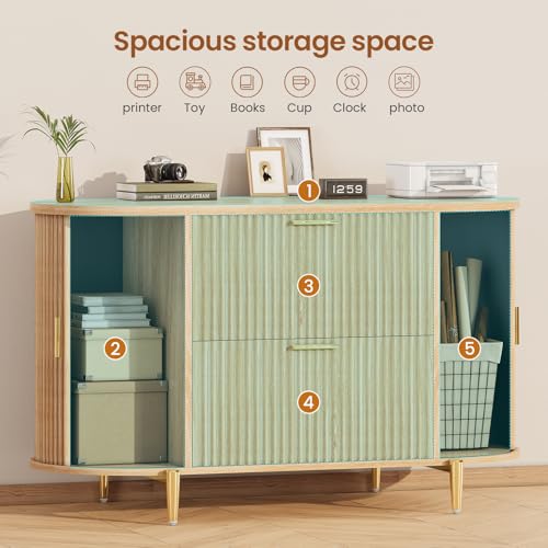 SEDETA Natural Fluted 2-Drawer File Cabinet with Sliding Doors for Home Office