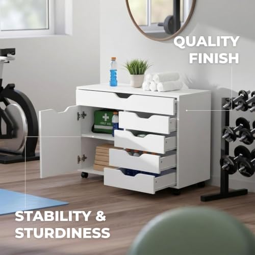 Mobile Storage Cabinet with 1 Door and 5 Drawers, White