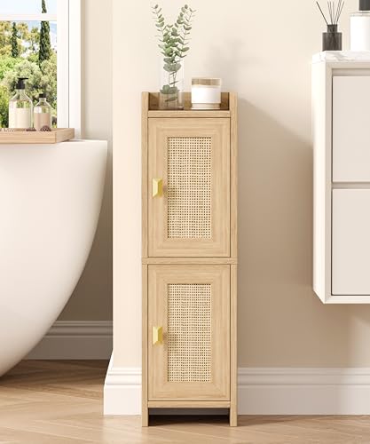 Narrow Rattan Bathroom Storage Cabinet - Slim Toilet Paper Organizer