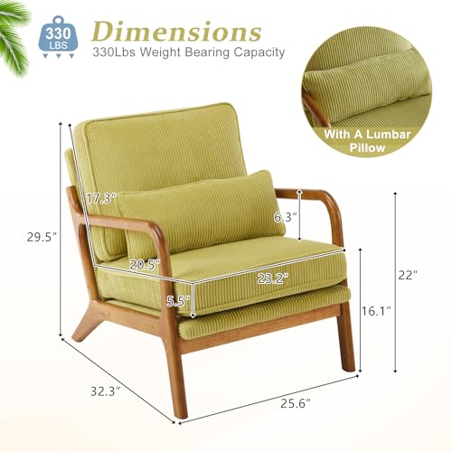 Mid-Century Corduroy Accent Chair with Lumbar Pillow and Solid Wood Arms