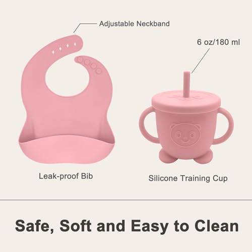Silicone Baby Feeding Set with Suction Plate, Bowl, Bib and Utensils Pink