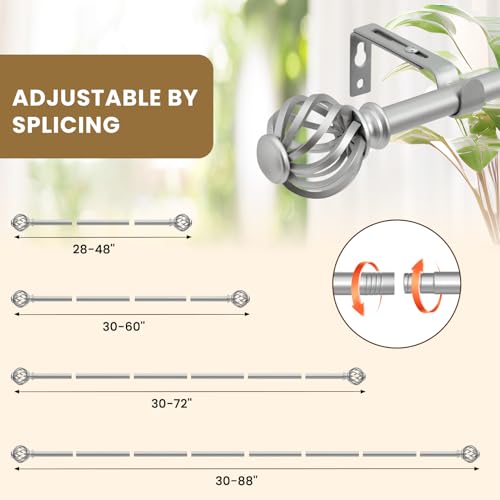 Silver Decorative Window Curtain Rod with Birdcage Finials, 28-48 Inch
