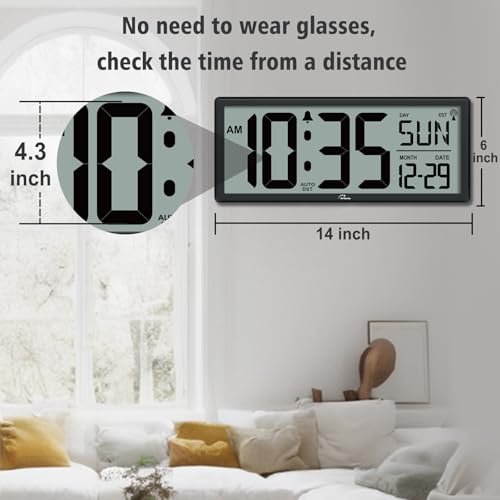14.5-Inch Atomic Digital Wall Clock with Backlight, Temperature and Date