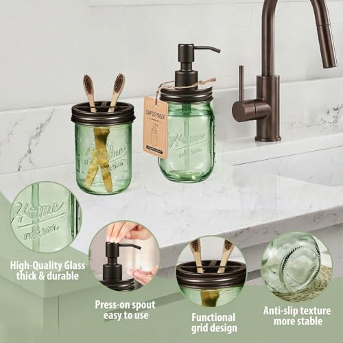 6-Piece Green Glass Mason Jar Bathroom Accessory Set - Rustic Farmhouse Decor