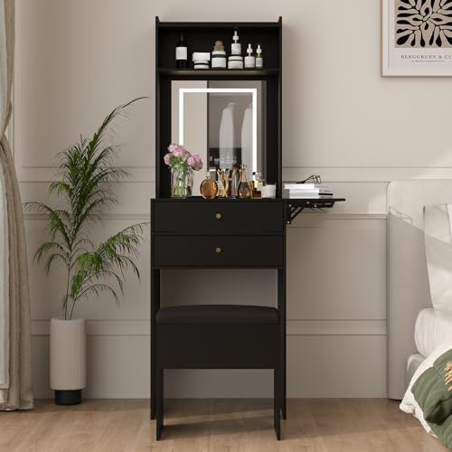 Small Vanity Desk with LED Mirror, Storage Stool & Foldable Side Panel
