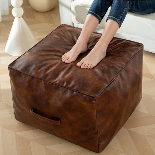 Square PU Leather Pouf Ottoman - 20x14 Inch Footrest Foot Stool
