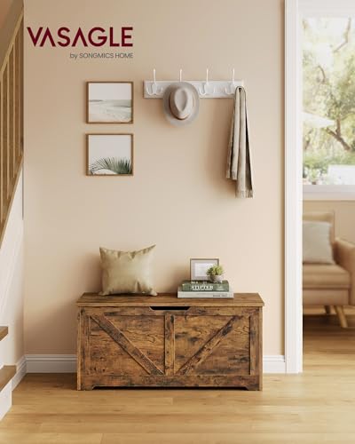 Rustic Wood Storage Chest with Safety Hinges - Large Entryway Bench